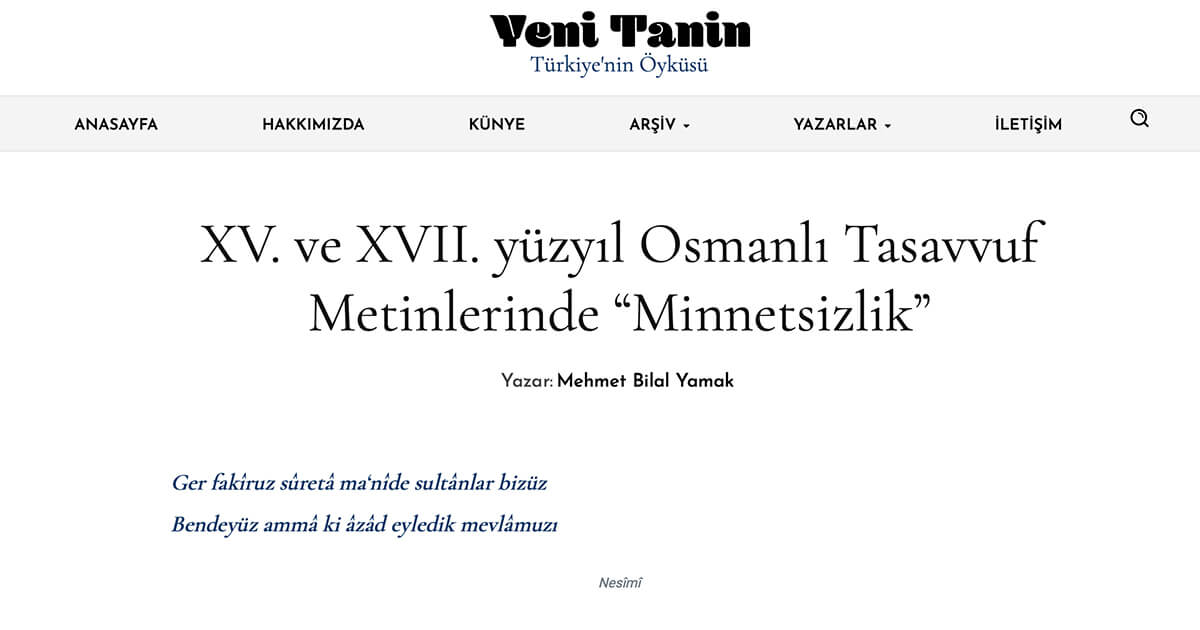 XV. ve XVII. yüzyıl Osmanlı Tasavvuf Metinlerinde “Minnetsizlik”