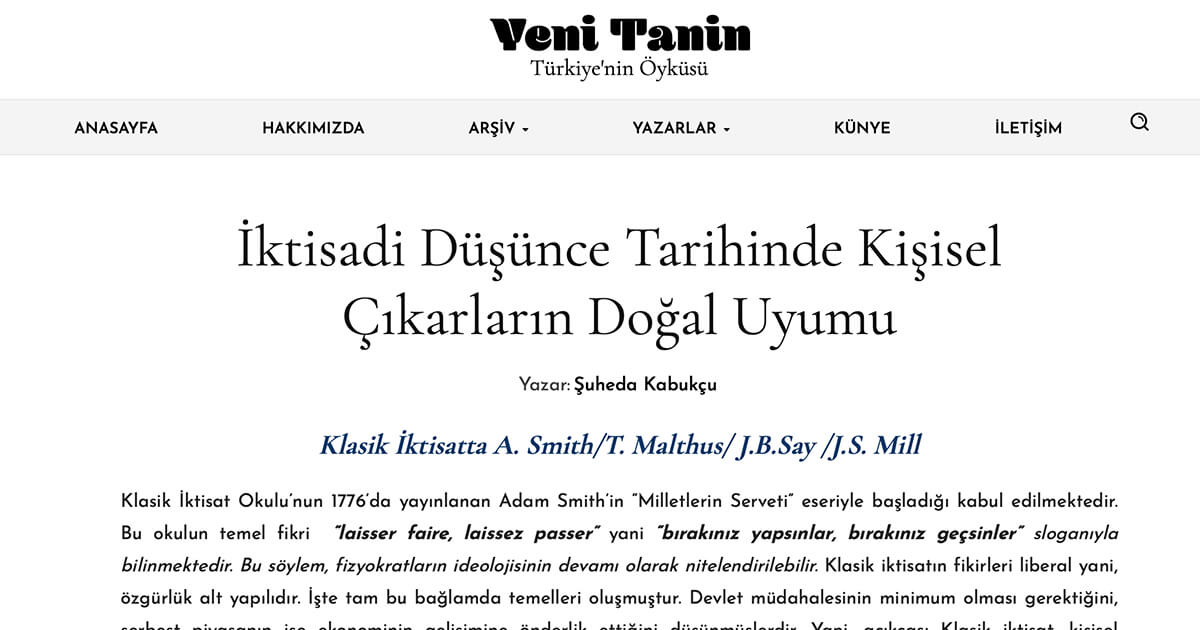 İktisadi Düşünce Tarihinde Kişisel Çıkarların Doğal Uyumu:  Klasik İktisatta A. Smith/T. Malthus/ J.B.Say /J.S. Mill